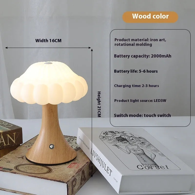 Creative mushroom-shaped night light in wood grain finish with USB charging port