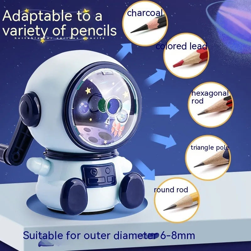 Cartoon astronaut manual pencil sharpener in blue or pink colours with three adjustable levels