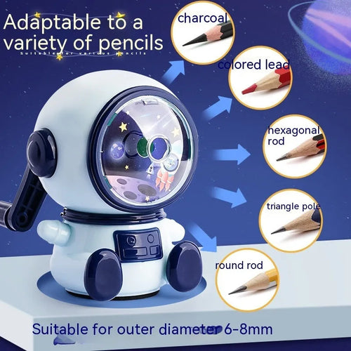 Cartoon astronaut manual pencil sharpener in blue or pink colours with three adjustable levels