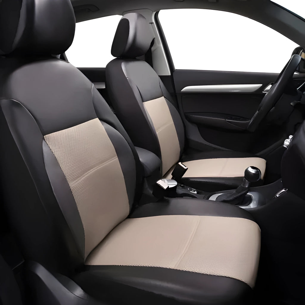 Artificial leather car seat cover set in black, showing front seat and headrest covers with hook fasteners.
