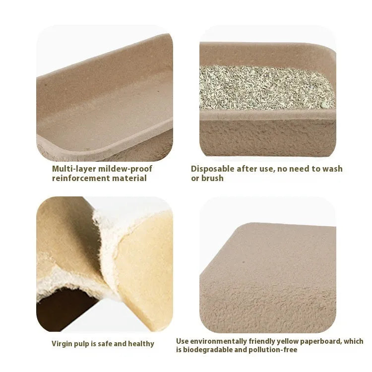 Brown disposable biodegradable cat litter box showing its three available size dimensions.
