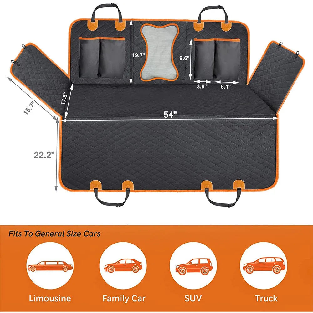 Black waterproof pet car seat cover with orange edge trim and mesh ventilation window laid on a rear car seat
