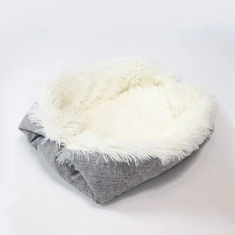 Grey and white plush pet blanket nest with non-slip black bottom for cats and dogs.