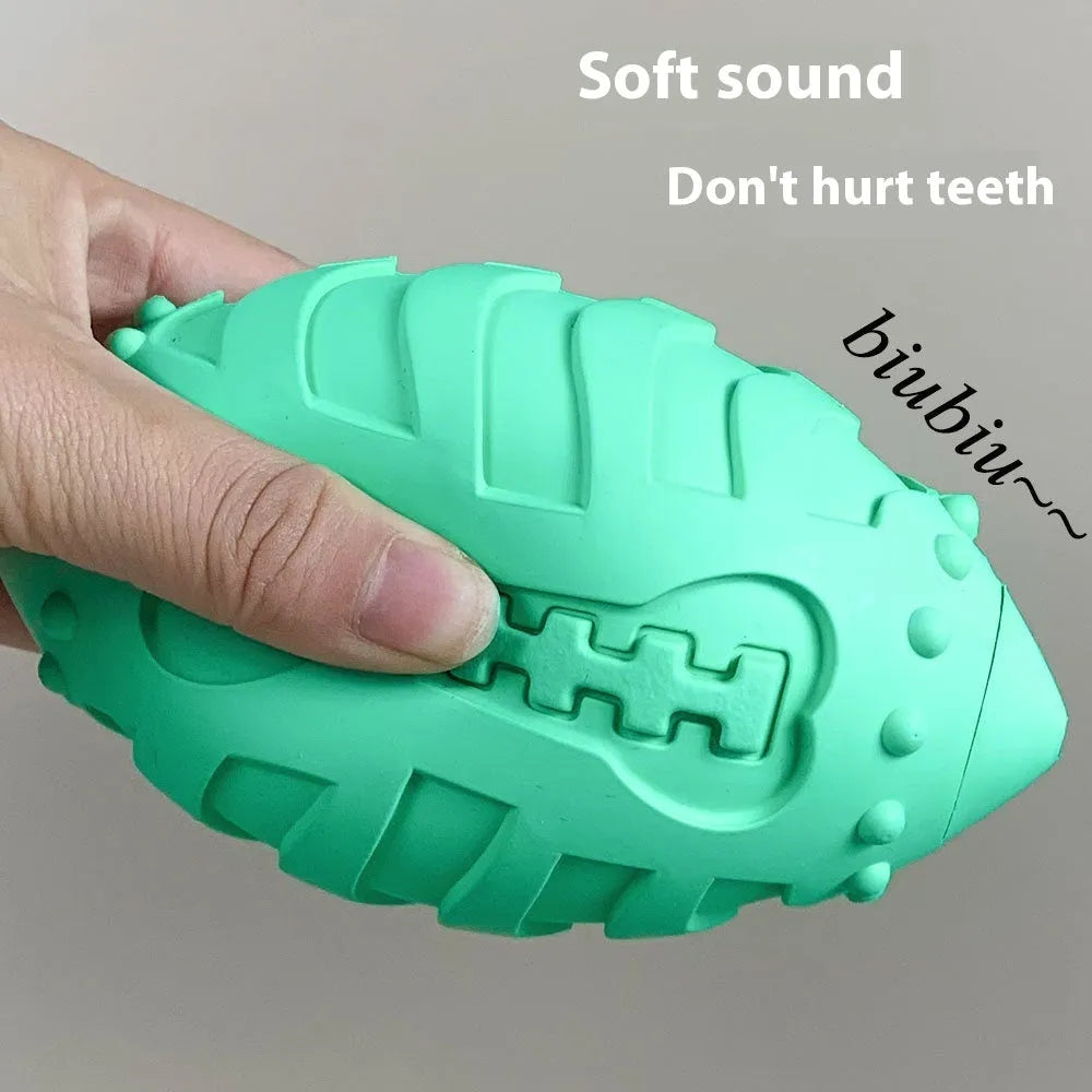 Thickened rubber vocal rugby ball dog toy in light green or sapphire blue for interactive training