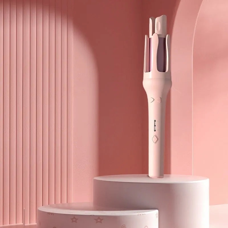 Automatic hair curler in white pink colour with 32mm barrel and US EU plug adapters