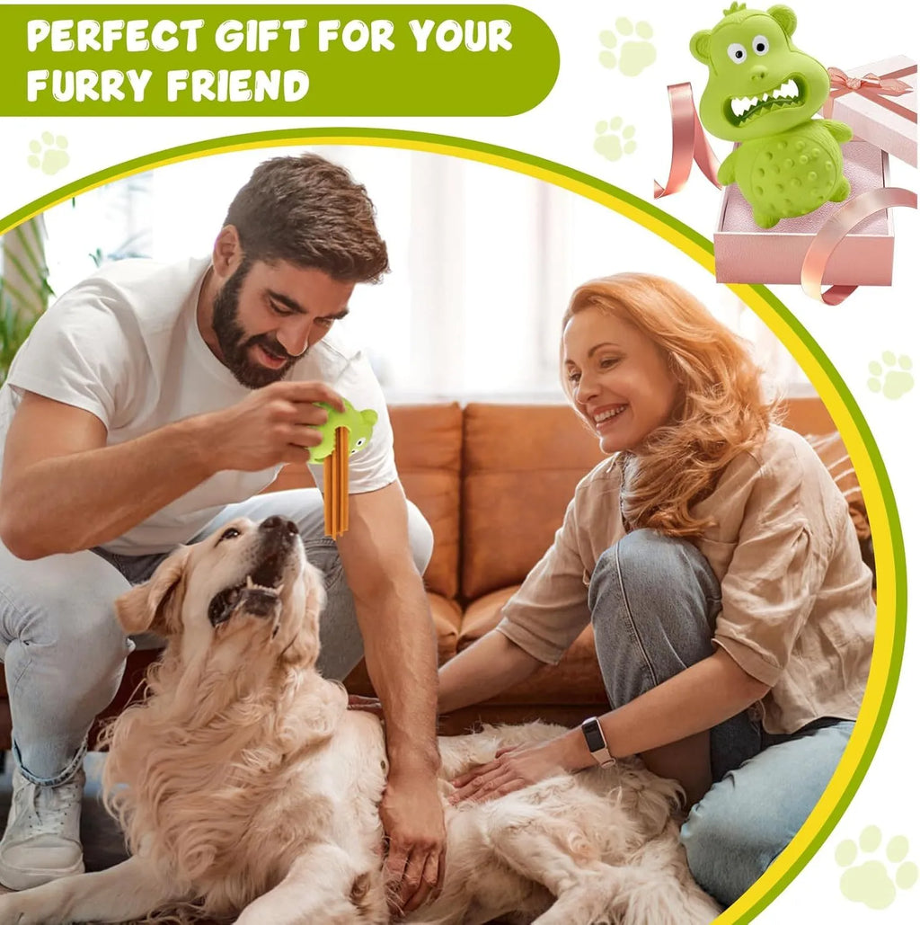 Green and yellow natural rubber dog chew toy for aggressive chewers, shown with a hollow centre for treats.
