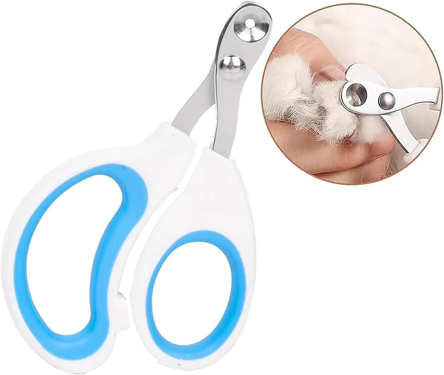 Blue pet nail clippers with circular safety hole and cushioned non-slip handle for trimming cat and bird nails.