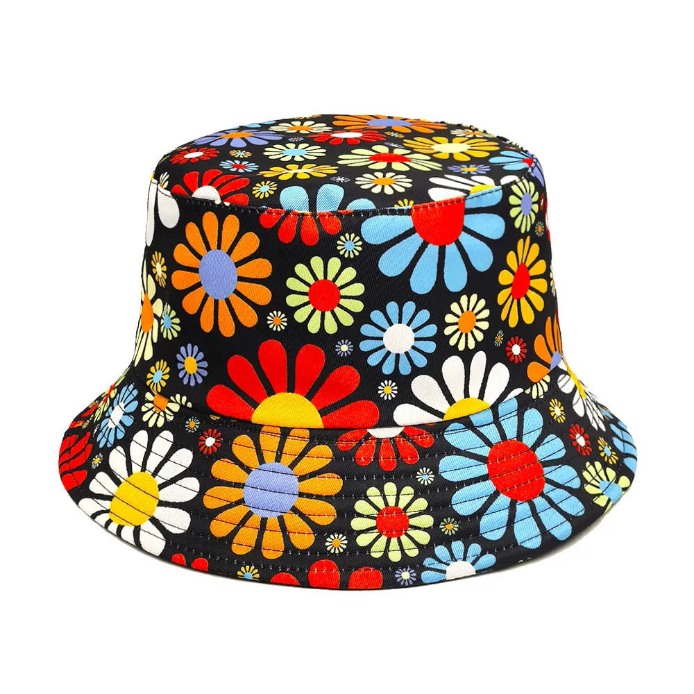 Colourful flower print polyester bucket hat with a dome crown on a neutral background.