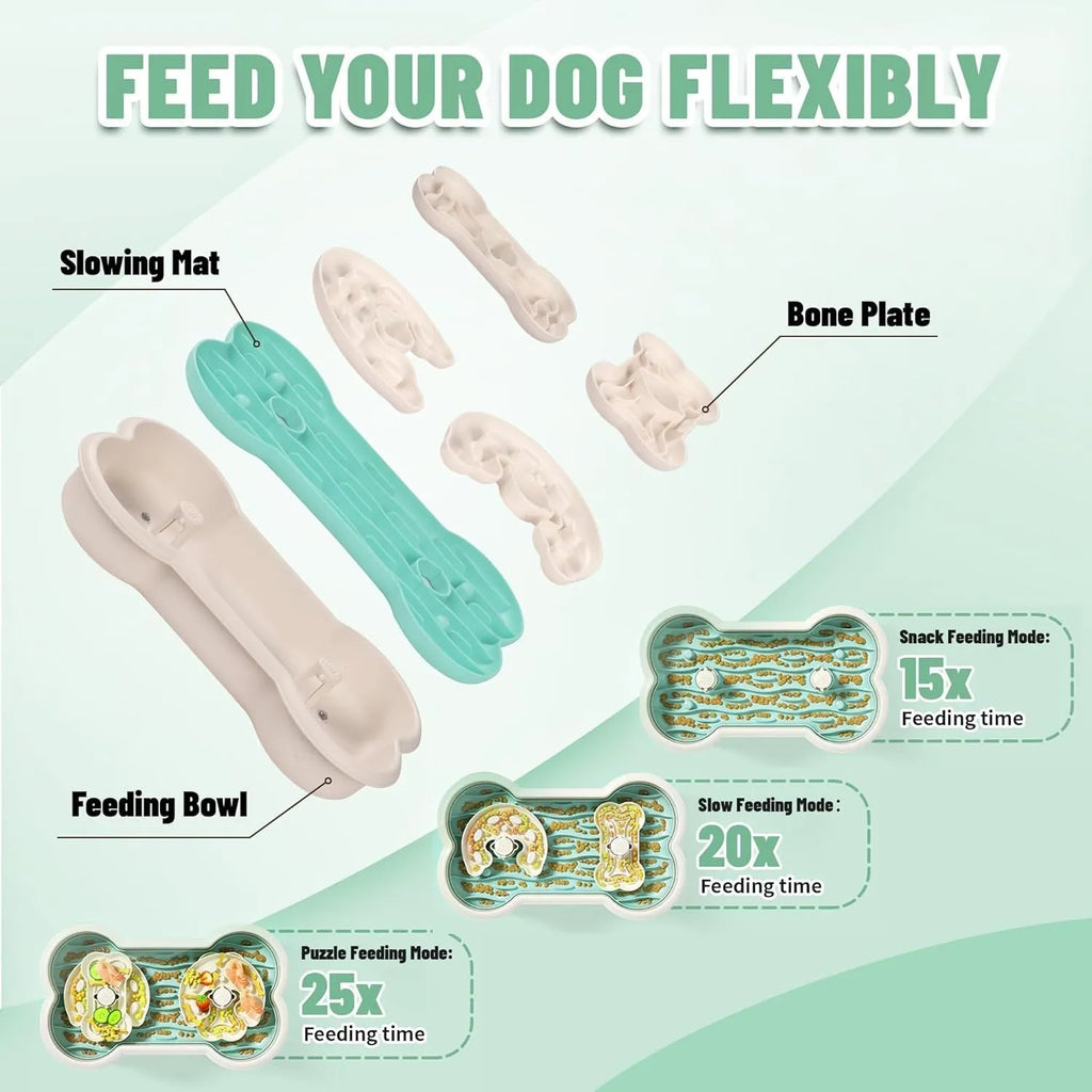 Large green dog slow feeder bowl with three puzzle trays and anti-slip suction cups