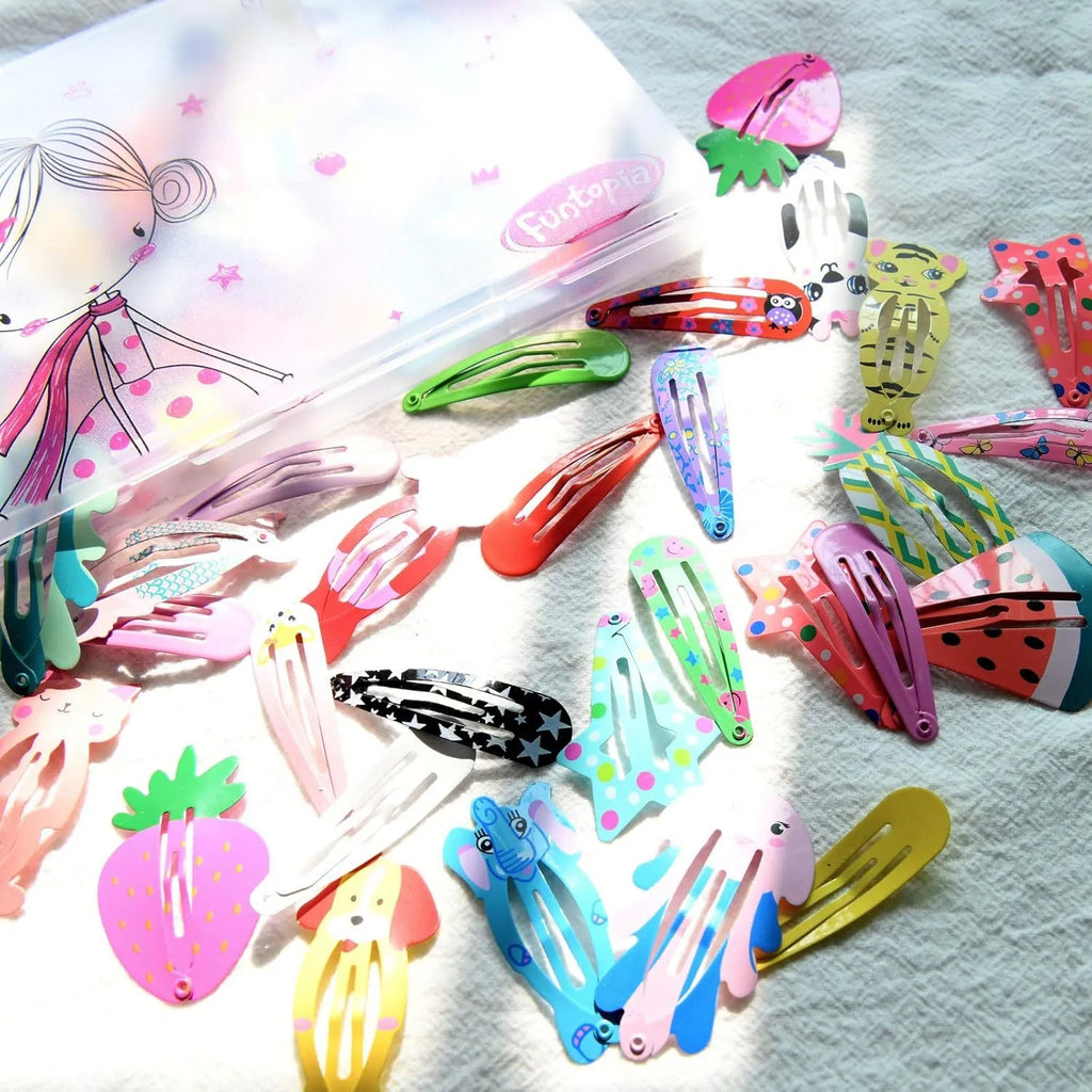 100 piece metal snap hair clips set showing candy colours with animal, fruit, crown and star cartoon designs