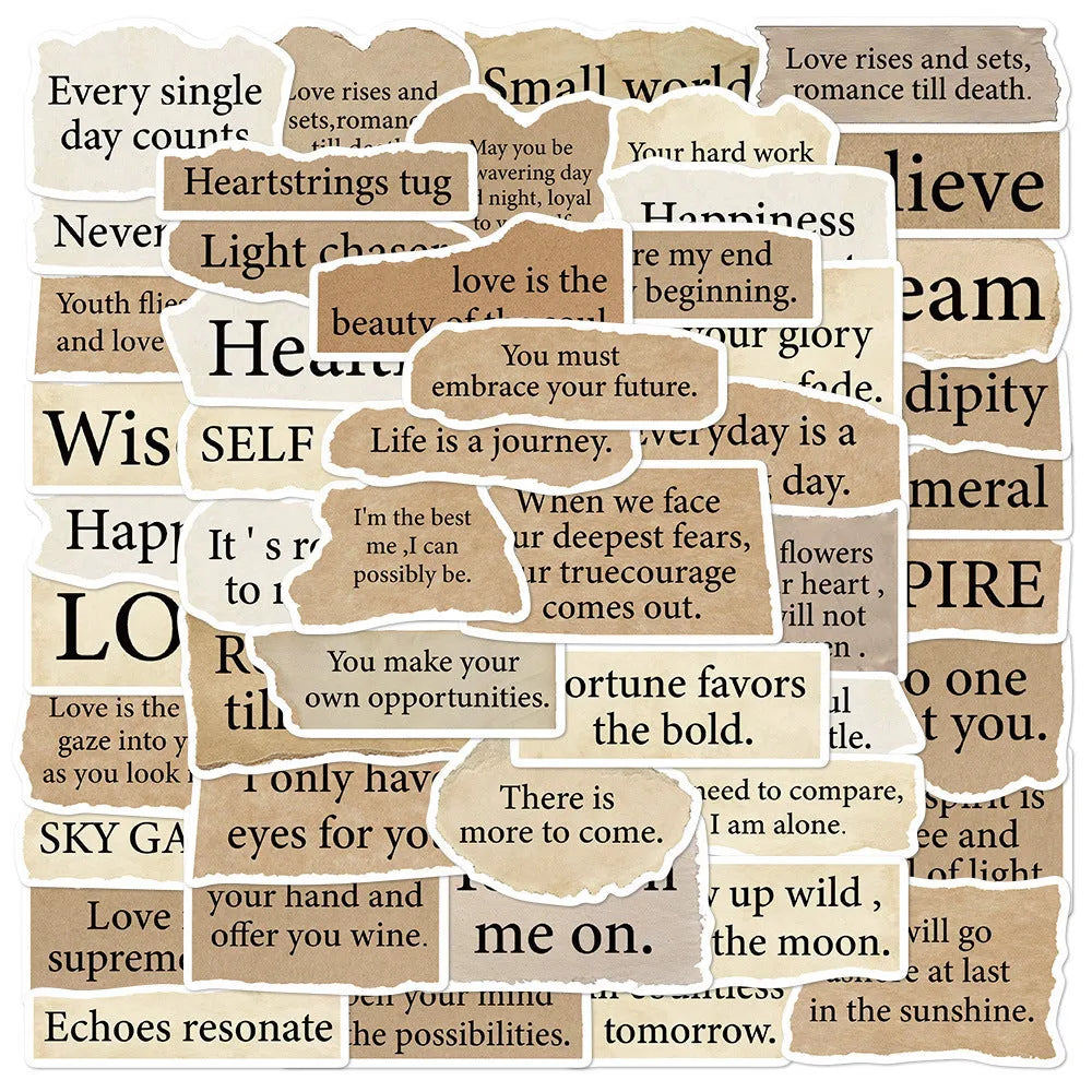 25 Torn English decorative laptop stickers in 4-7cm sizes with waterproof PVC construction
