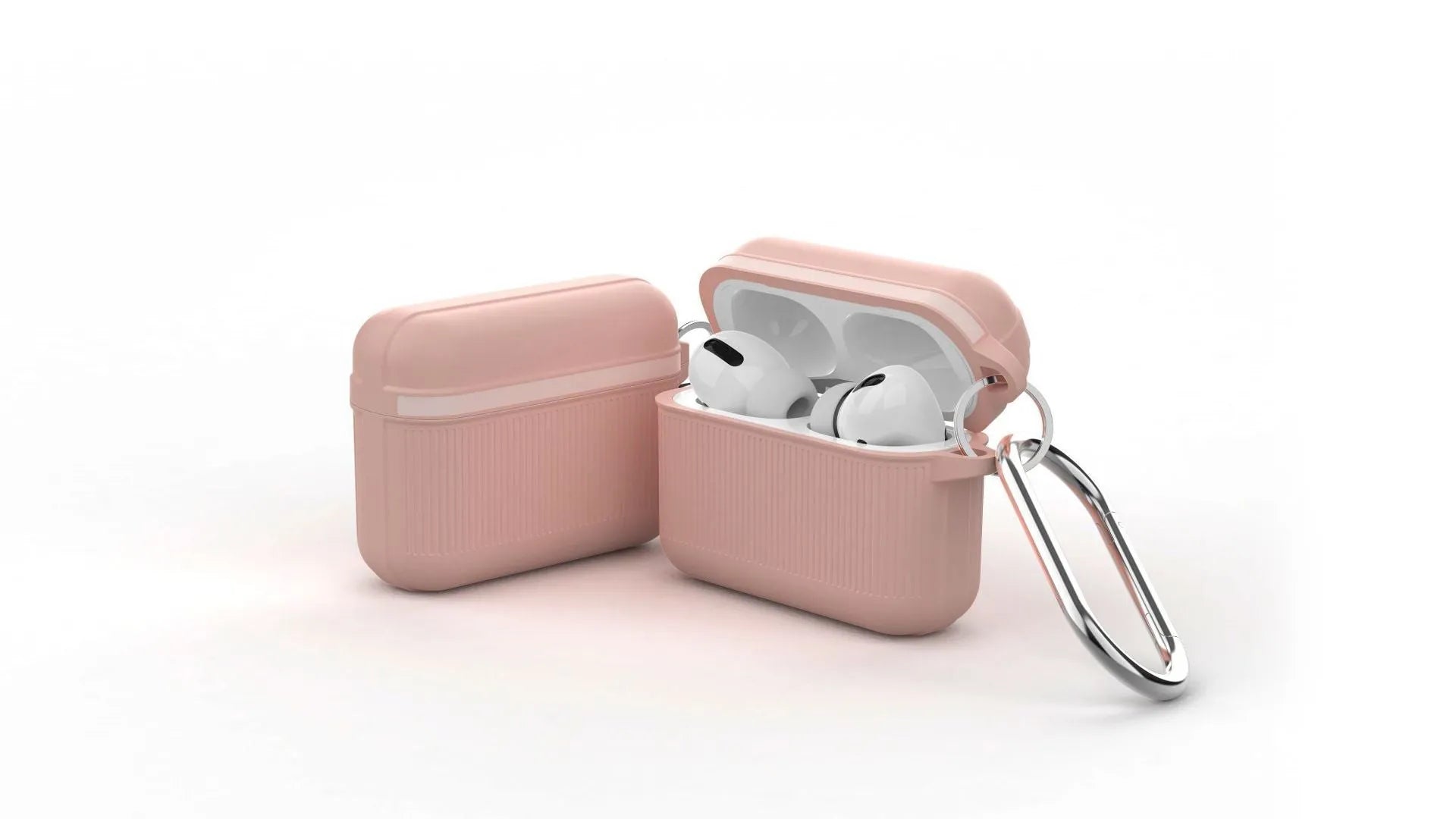 Silicone protective case for Apple AirPods with metal buckle, shown in various solid colours.