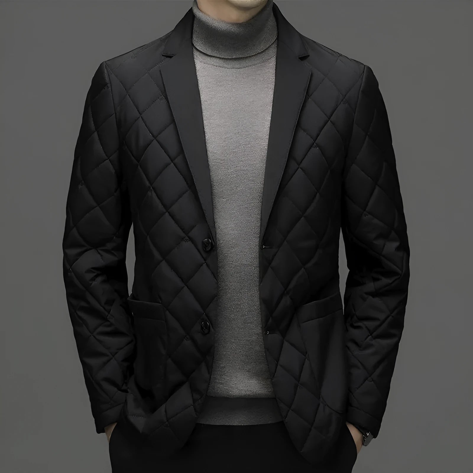 Men's thick lapel down jacket with side seam pockets in black, dark grey or shrimp blue