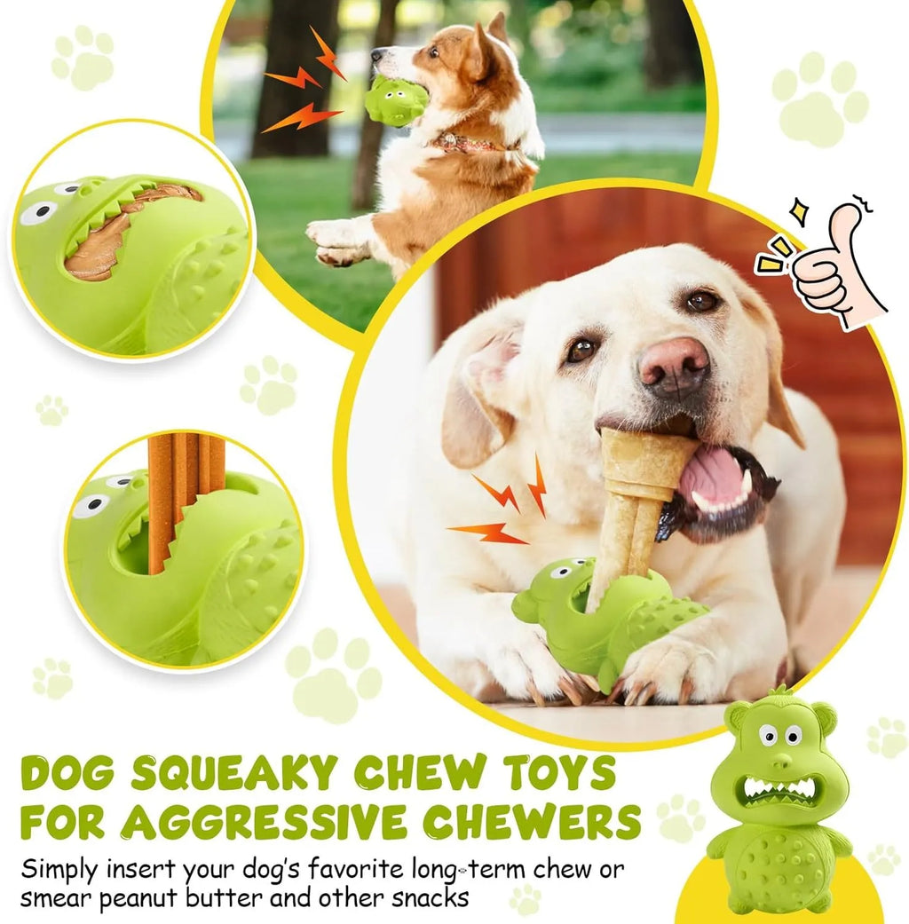 Green and yellow natural rubber dog chew toy for aggressive chewers, shown with a hollow centre for treats.