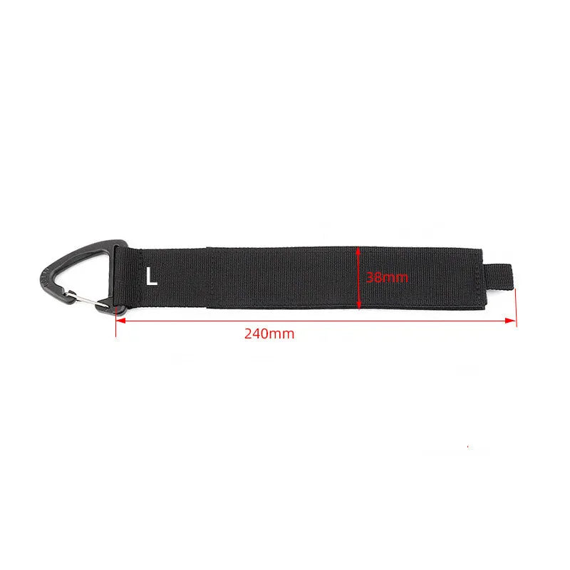 Black heavy-duty adjustable storage strap with metal carabiner clip for garage workshop organisation.