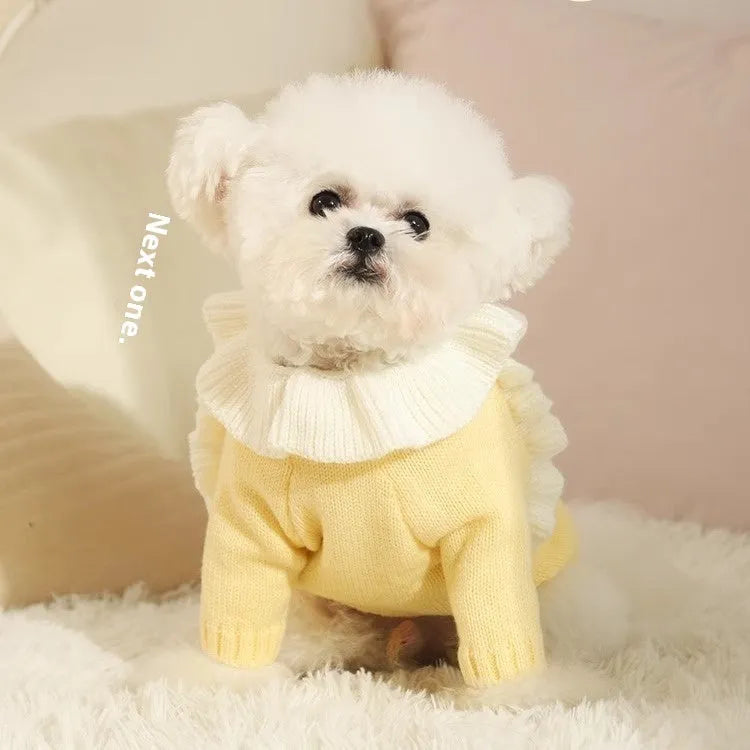 Yellow and patterned acrylic dog sweater shown in sizes for small puppies to 8kg dogs.