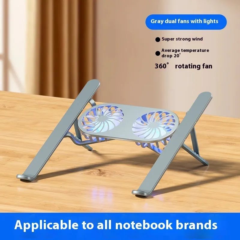 Aluminium alloy folding laptop cooling stand with twin fans and height adjustment mechanism