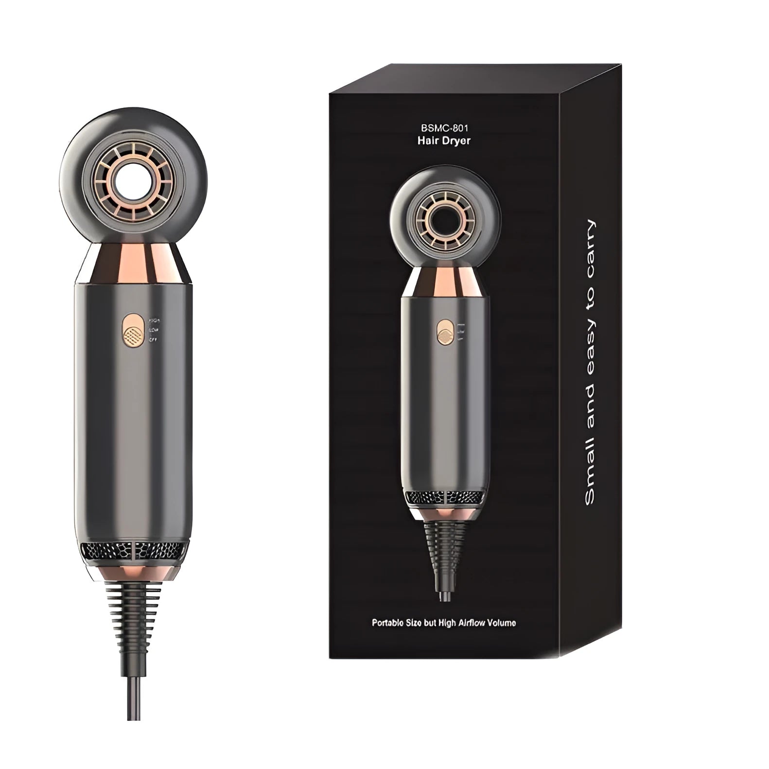 Leafless 800W hair dryer with diffuser attachment showing compact 20cm design and dual speed controls