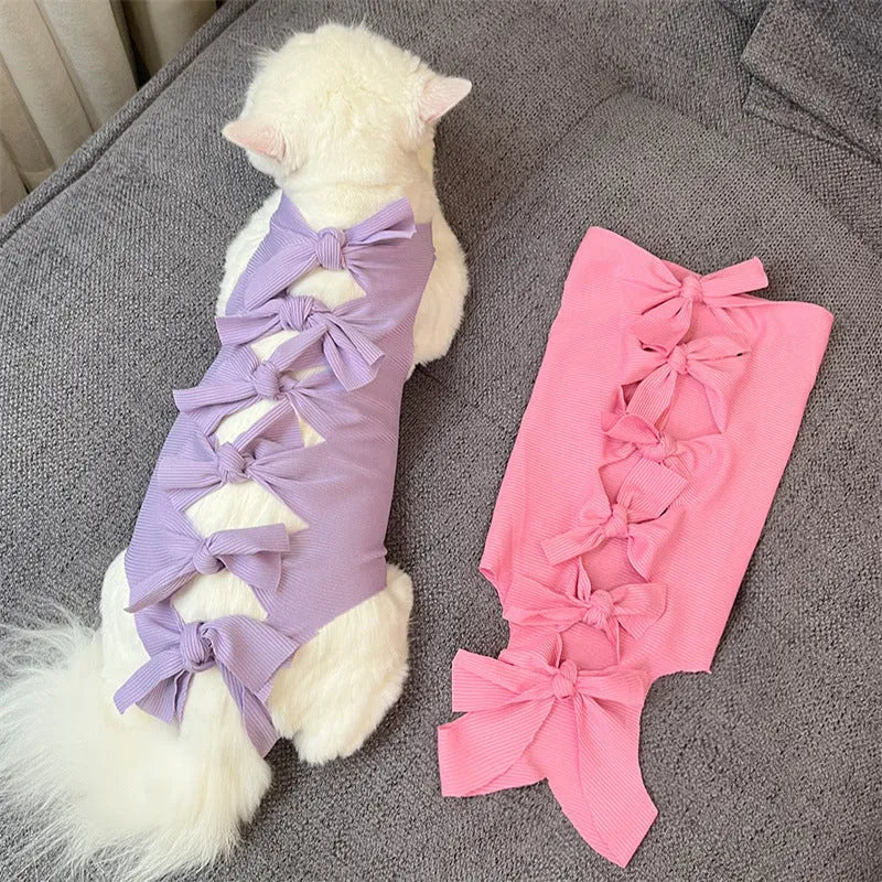 Lace-up polyester cat sterilisation recovery clothing in pink, purple, blue, brown and green pineapple colours