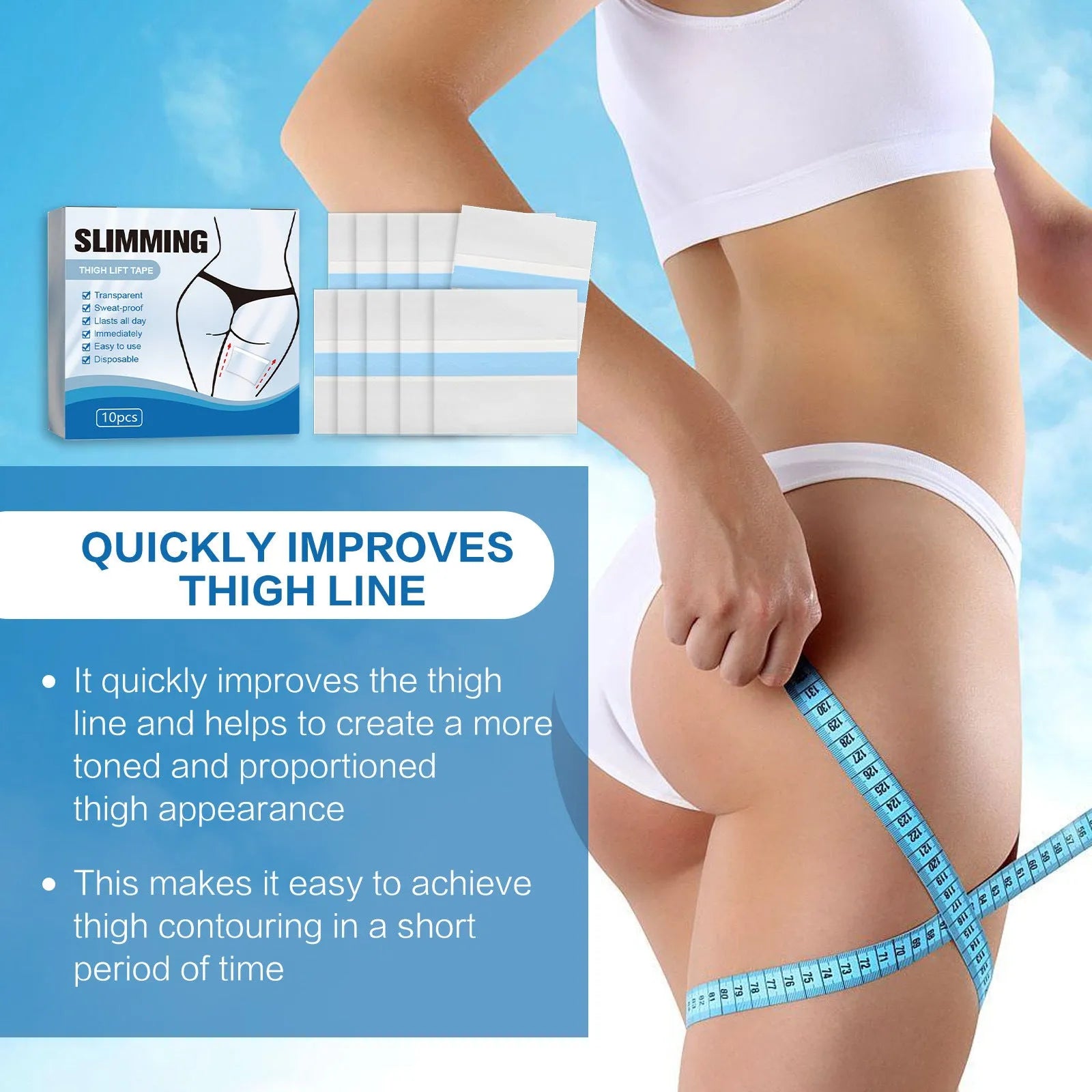 Box of 10 white body shaping adhesive patches, each measuring 12cm by 12cm.