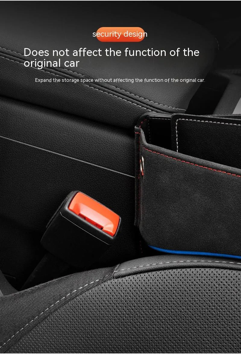 Leather car seat storage box in choice of black, brown, beige, green or red suede colour