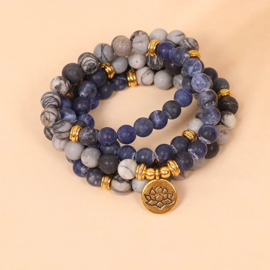 Blue patterned network stone bead multi-layer bracelet with adjustable alloy chain