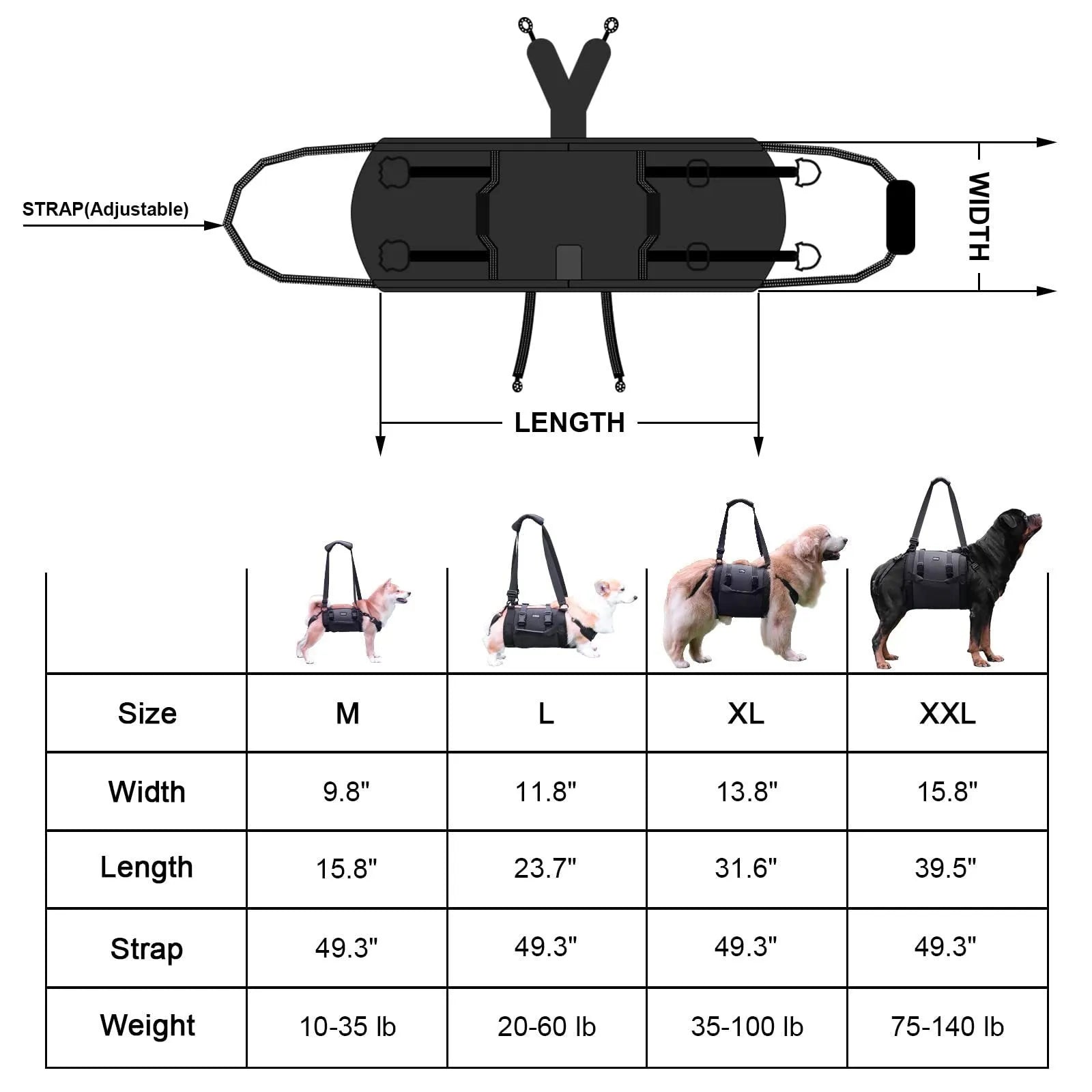 Black Oxford cloth dog harness for outdoor leg support and rehabilitation training.