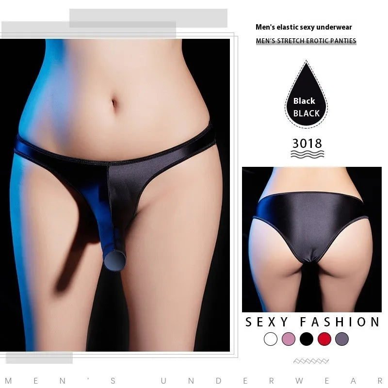 Men's shiny nylon low waist T-back underwear on a colour swatch showing black, grey, pink, red and white.