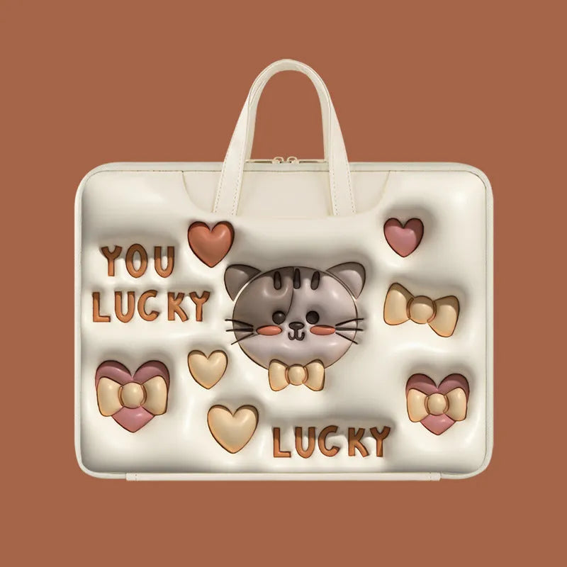 Inflatable PU leather laptop bag with suitcase hanger in cute panda print for a 15.6-inch device.