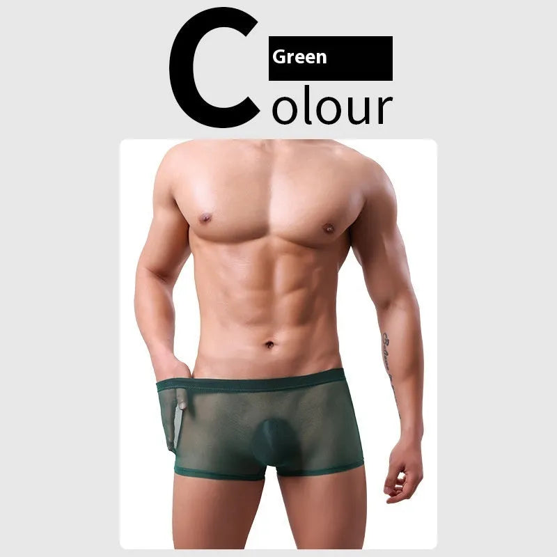 Men's mesh boxer briefs in thin sheer polyester fabric showing low waist design and breathable mesh texture