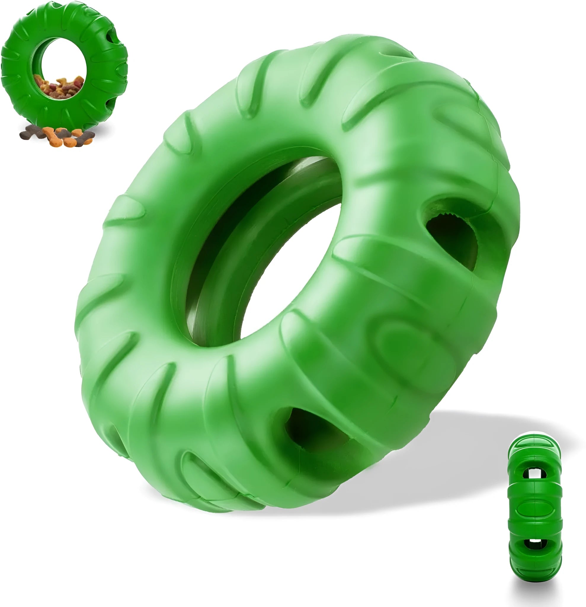 Blue natural rubber dog tyre chew toy with oval openings, shown as a slow feeder and interactive puzzle toy.