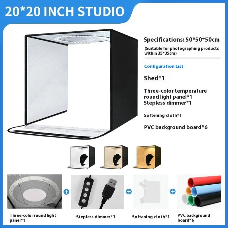 Foldable 50cm studio photo light box with integrated three-colour LED panel and reflective cloth interior.