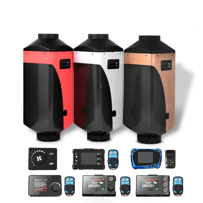 Red and black diesel air heater kit for vehicles with fuel tank and installation components.
