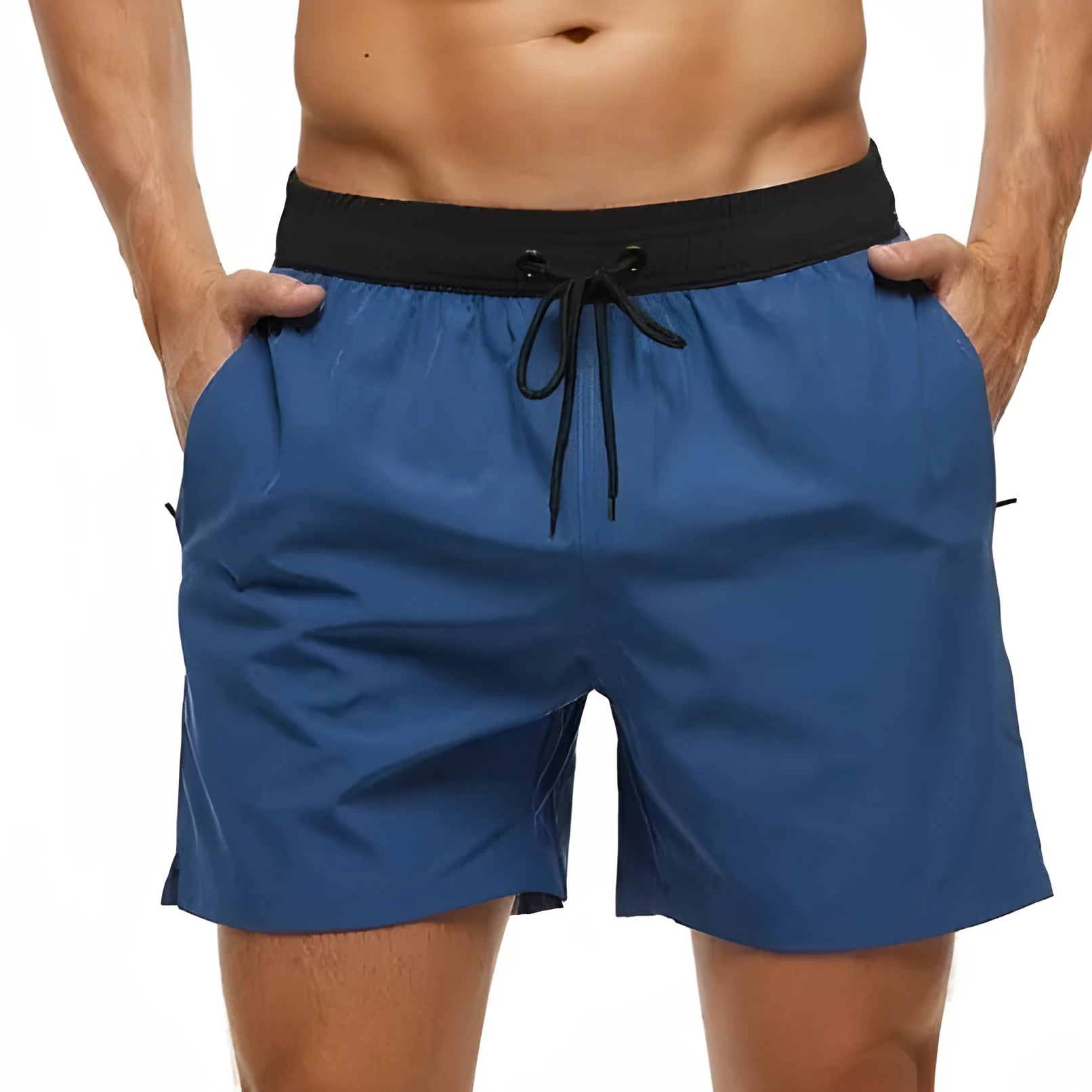 Men's blue fitness shorts with stitching waist detail, drawstring, and multiple pockets for gym workouts