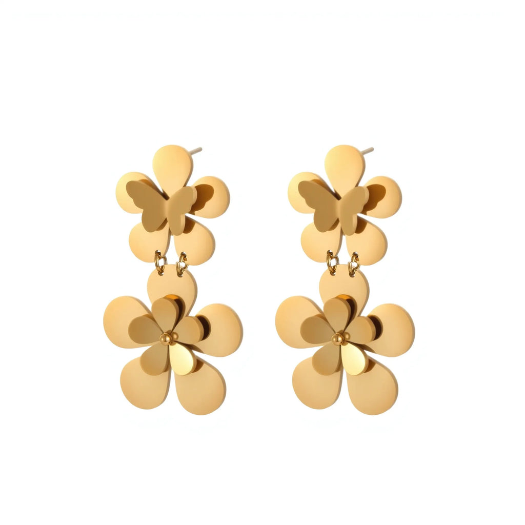 Gold-coloured stainless steel earrings with flower and butterfly design for women