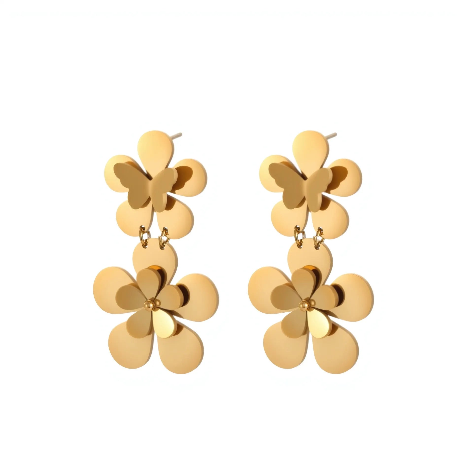Gold-coloured stainless steel earrings with flower and butterfly design for women