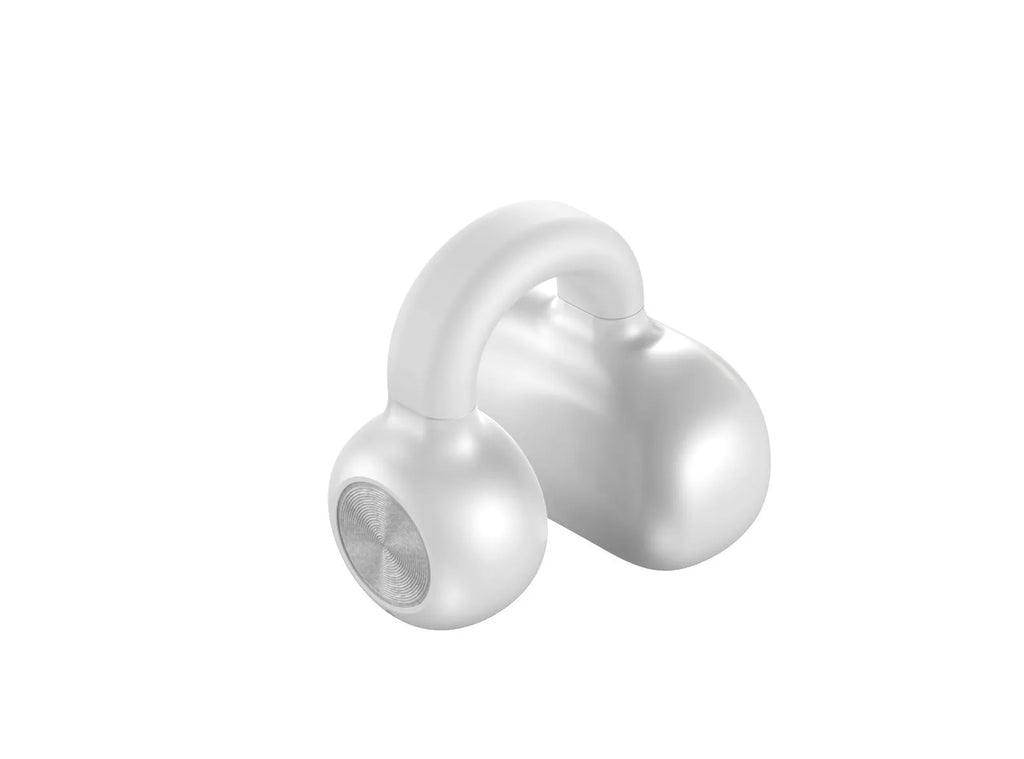 Black wireless Bluetooth clip-on earphones with bone conduction technology displayed beside charging cable