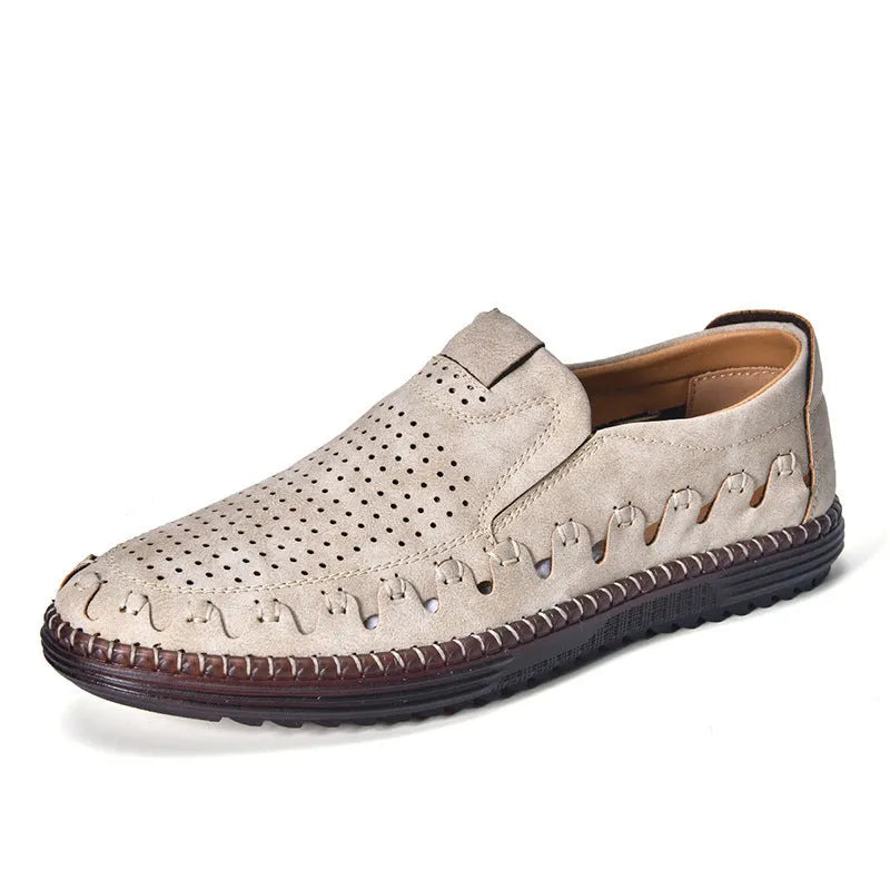 Men's brown slip-on casual shoes with round toe and low-top design
