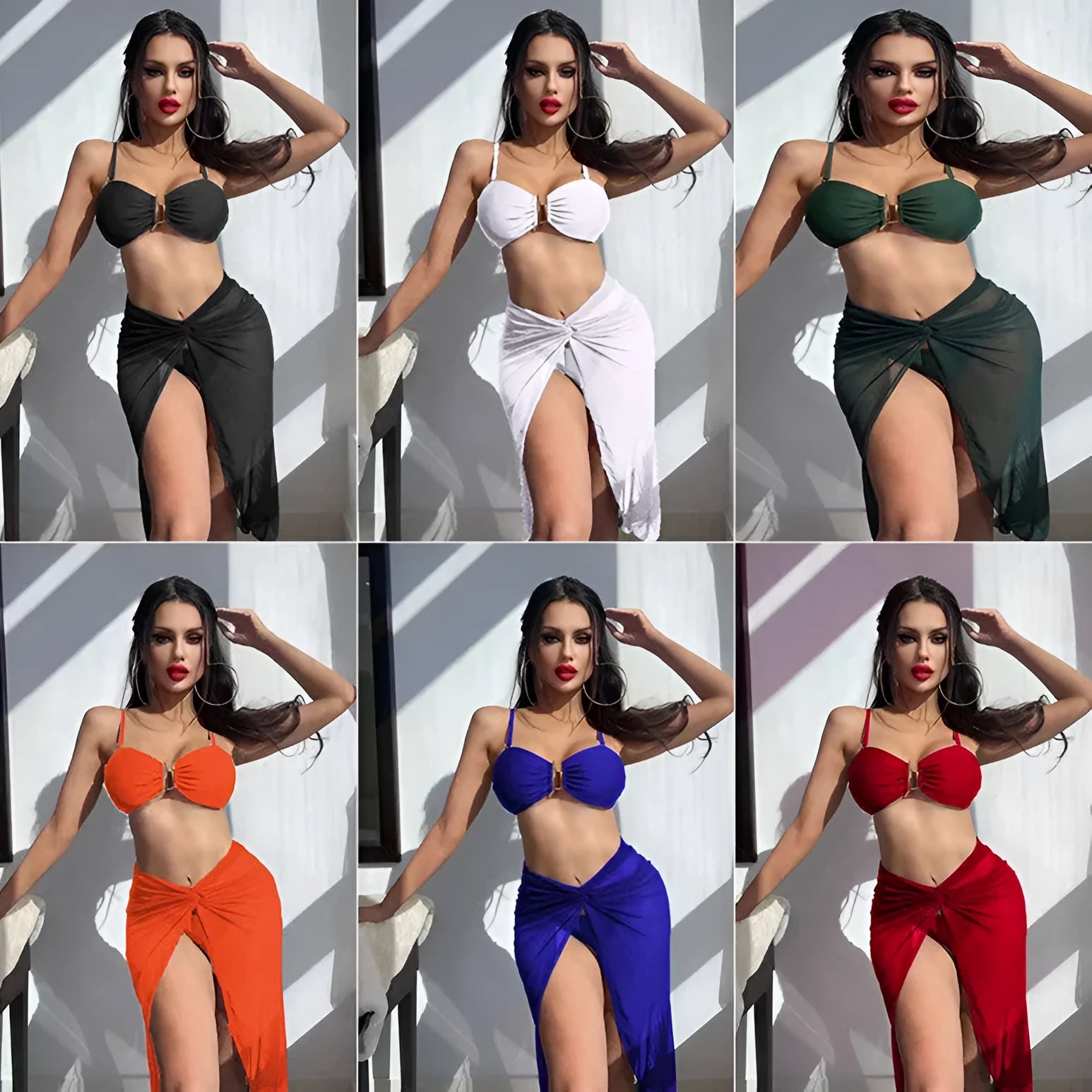 Women's three-piece bikini swim set with long culotte bottoms in multiple colour options