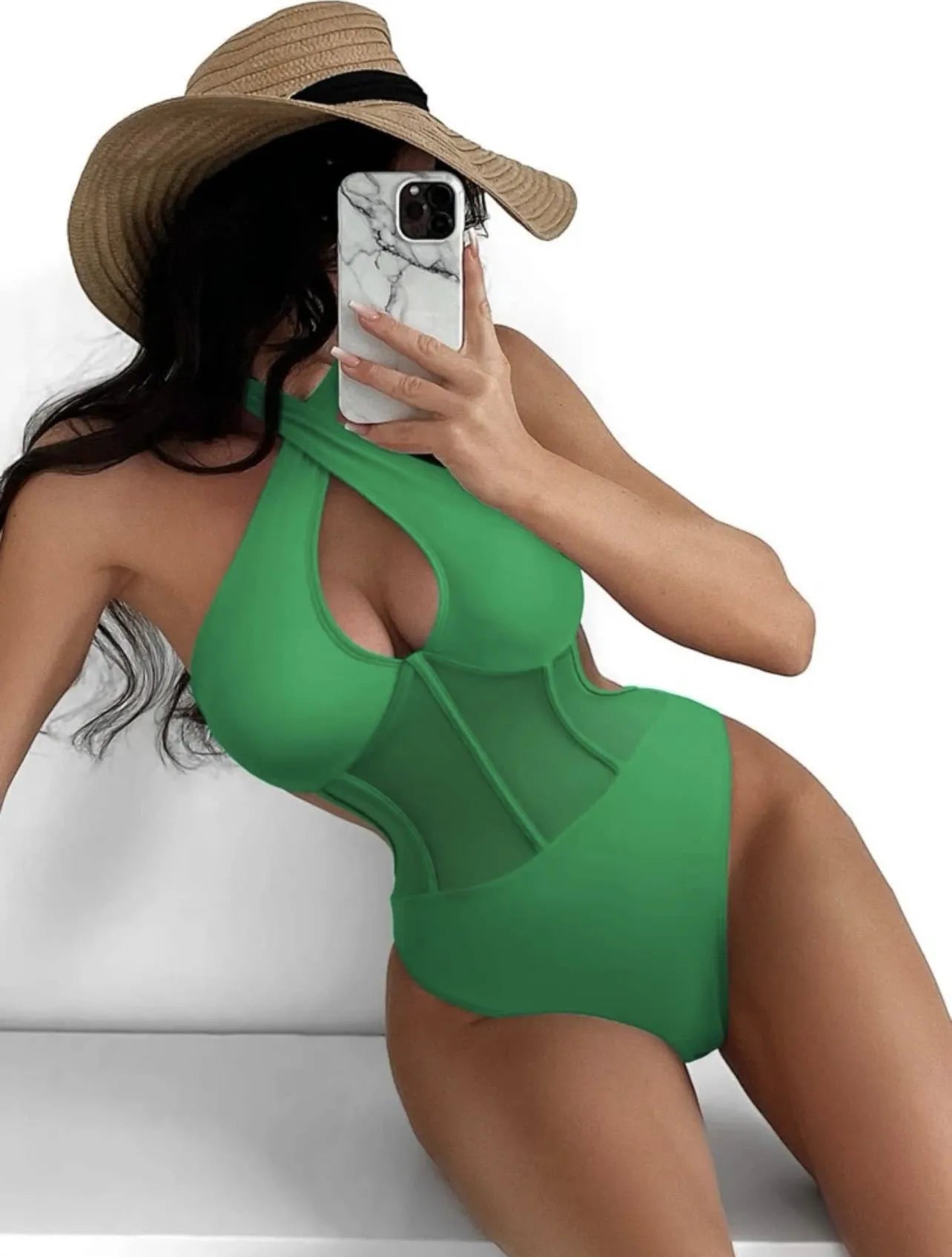 Lady's one-piece spun yarn swimsuit bikini on a hanger, shown in black, rose red, and green colour options.