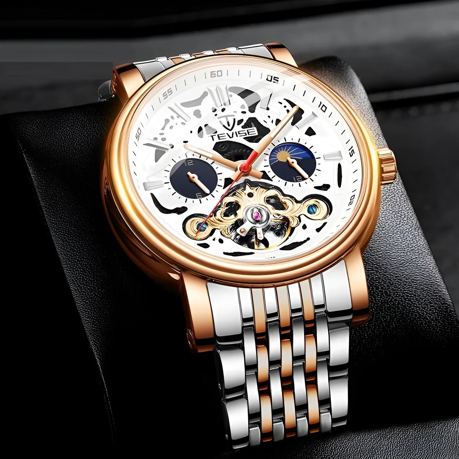 Men's mechanical watch with visible tourbillon, luminous dial, in rose black colour.