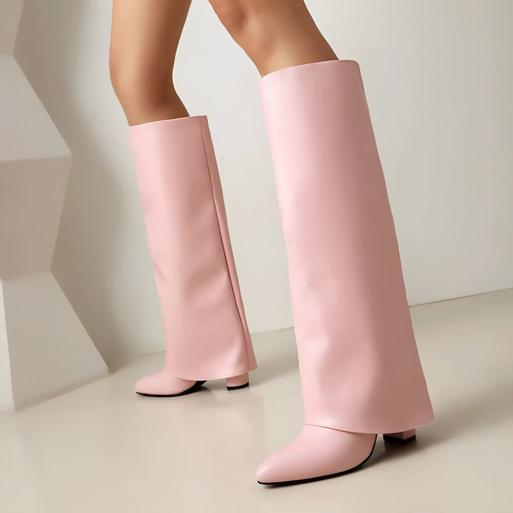 Women's plus size thick high heel boots in black, pink or white with European American style sewing lines