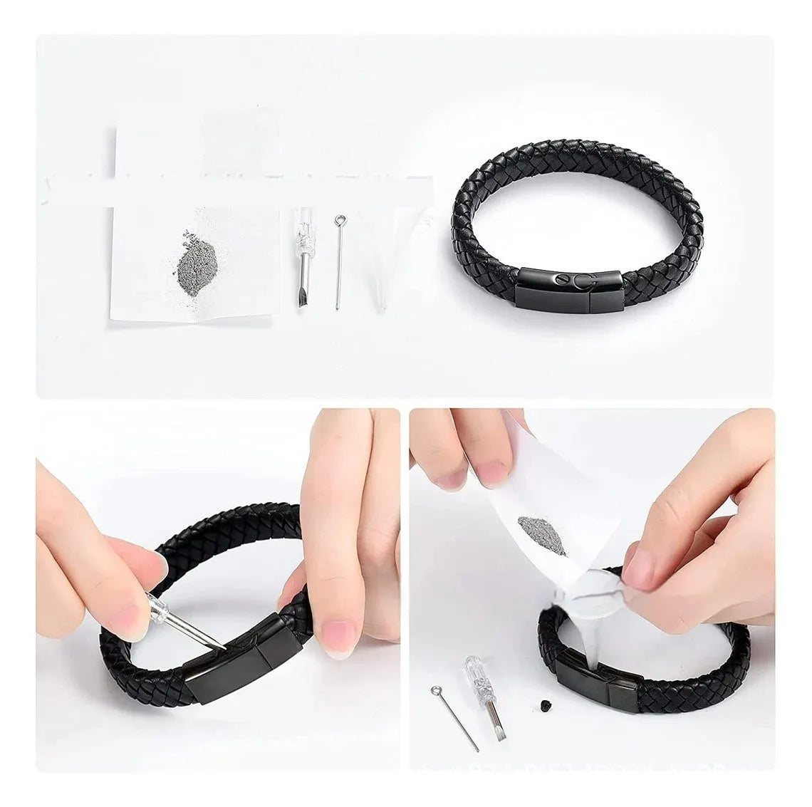 Black stainless steel memorial bracelet with a woven leather compartment for ashes and an engraved plate.