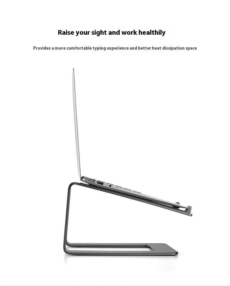 Black aluminium alloy laptop stand on desk with laptop elevated for cooling