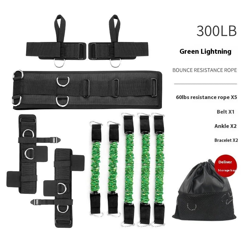 Fitness elastic training belt with TPE tube in red, blue, black, and green sleeves indicating different resistance levels.
