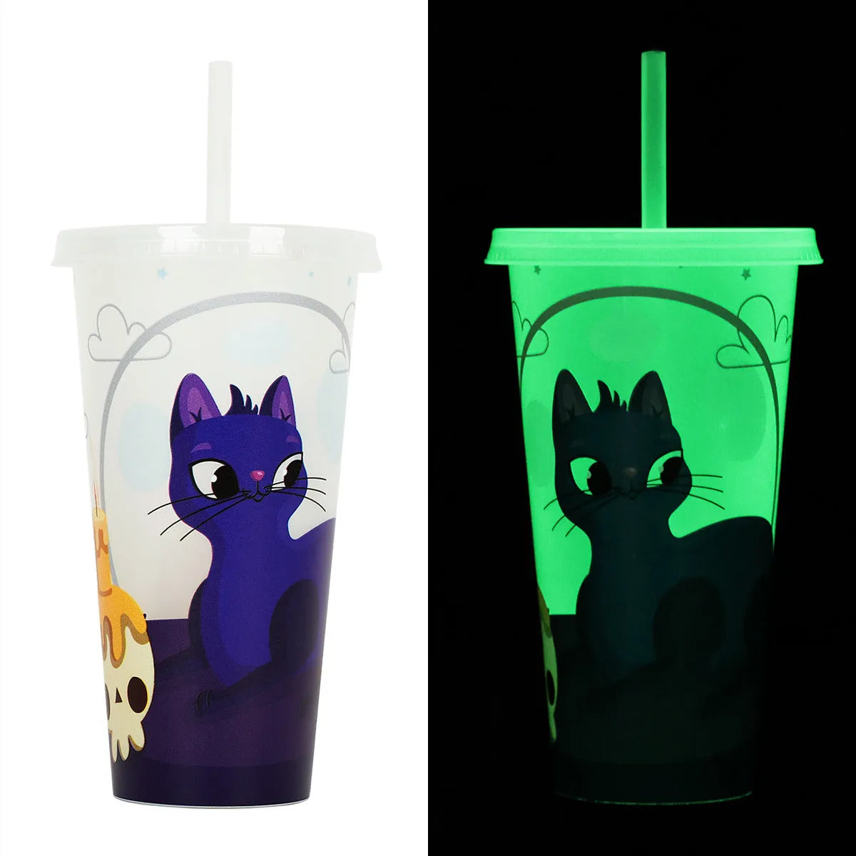 720ml Halloween-themed plastic sippy cup with luminous design and straw in cylindrical shape