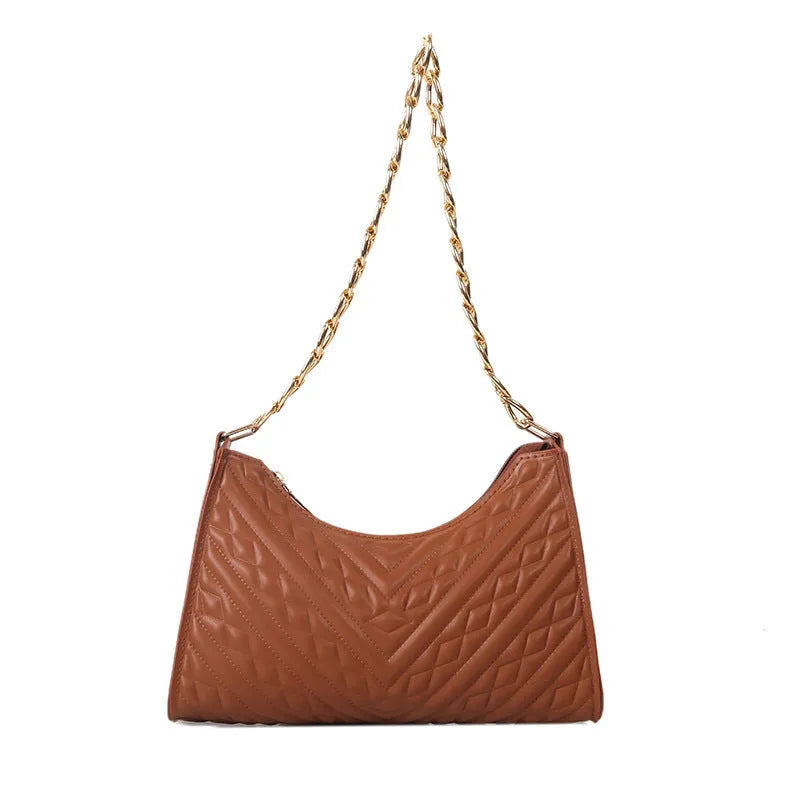 Brown pleated chain baguette shoulder bag showing vertical square shape and adjustable 50cm strap