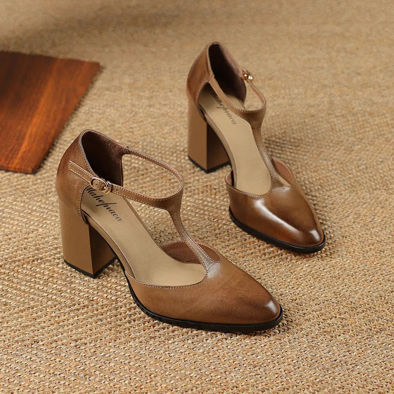 Women's dark brown retro pointed-toe Mary Jane shoes with a buckle fastening on the vamp.