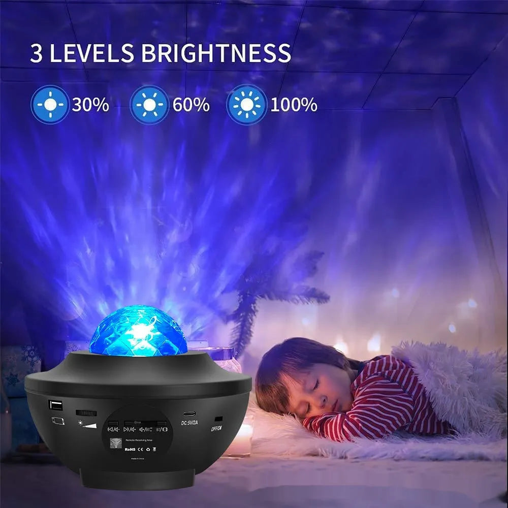 Black parallel style starry sky projection lamp with Bluetooth and rotating water ripple laser effects on a desktop.