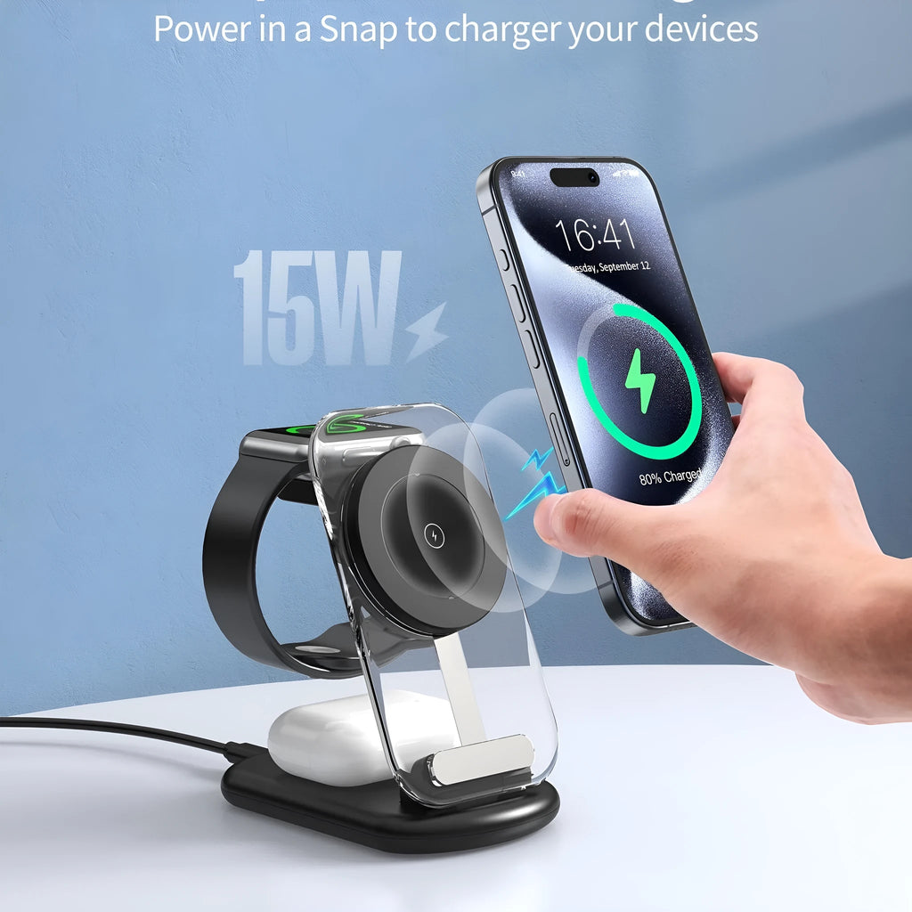 Transparent folding magnetic three-in-one wireless charger for iPhone, AirPods, and Apple Watch